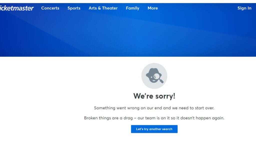 a Ticketmaster error screen