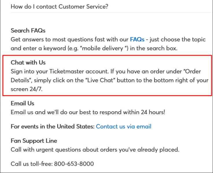 Ticketmaster fan support email and Ticketmaster Chat