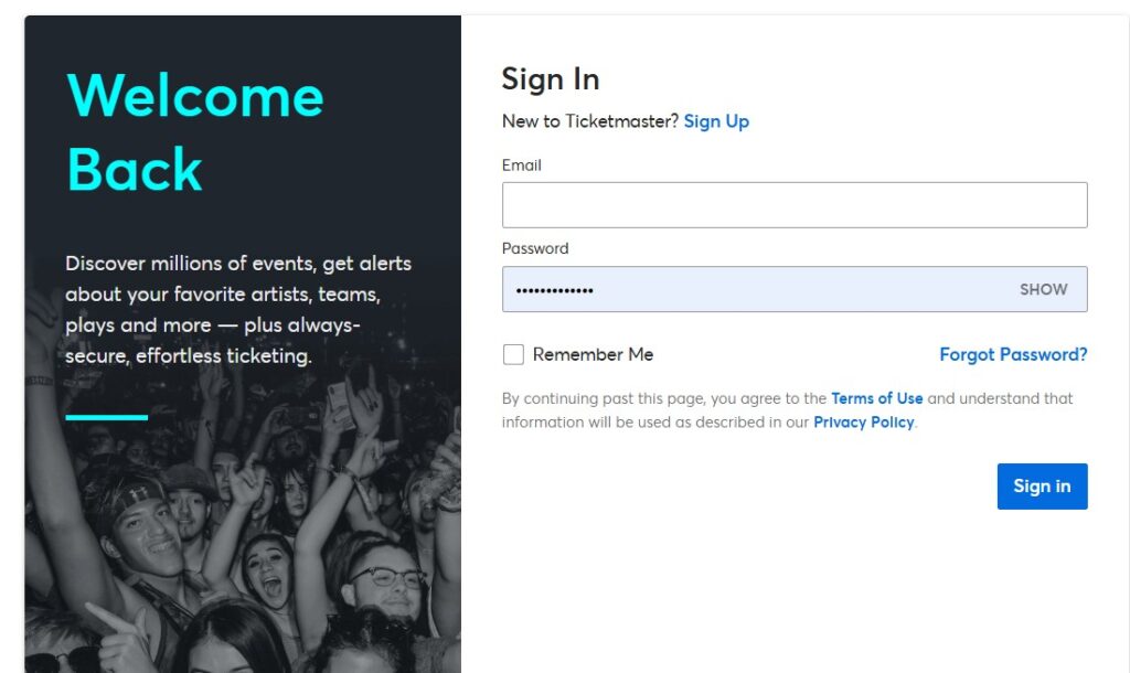 Ticketmaster login page