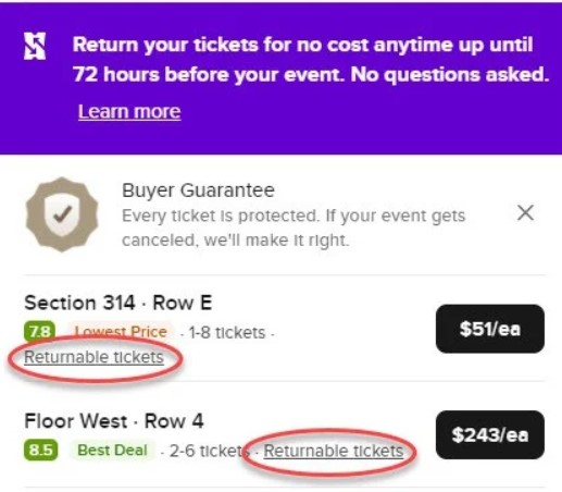 eligible tickets on the Seatgeek app for return