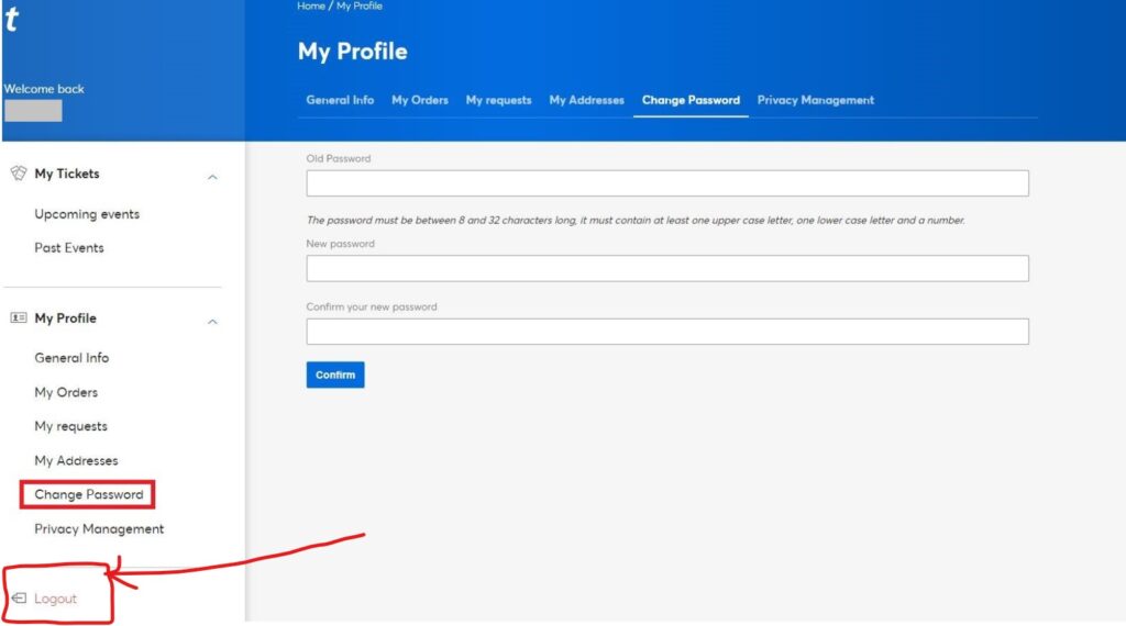 logout button on Ticketmaster